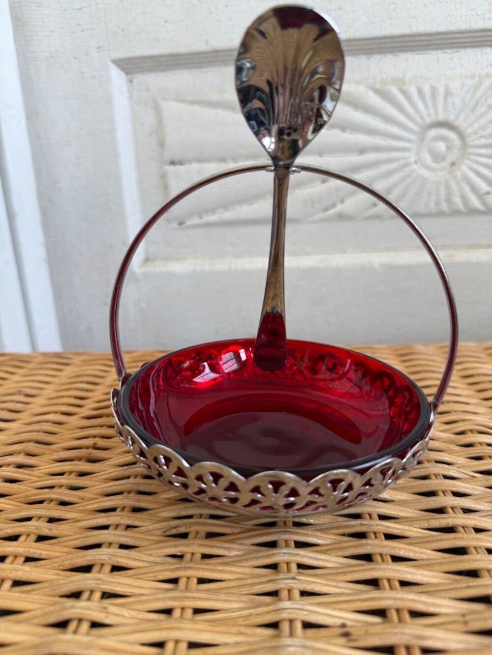 Vintage 1950s England Chrome Ruby Red Glass Condiment Dish Clam Shell Spoon - Picture 7 of 10